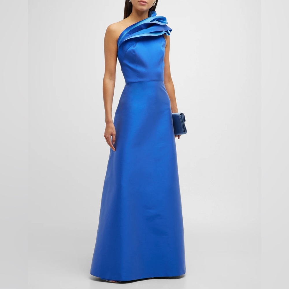 One Shoulder Layered Ruffle gown. Ocean Blue. Size 6. Never Worn. New w/Tags